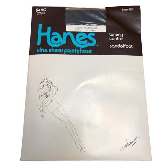 Vintage Hanes Ultra Sheer Pantyhose Sz C Tummy Control Sandalfoot Silver Smoke - Picture 1 of 4